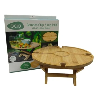 Image of Summit BAMBOO FOLDING CHIP N DIP TABLE W/WINE GL HOLDERS, Camping, Glamping, Festivals, Garden Party, Outdoor dining