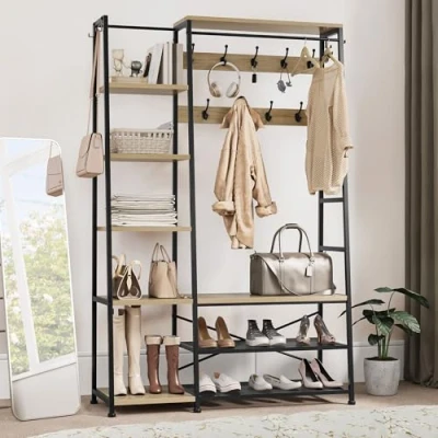 Image of YITAHOME Coat Rack Stand with Shoe Storage, Free Standing Hall Tree Bench Industrial 9 Hooks and 5 Shelves Clothes Rail for Bedroom Living Room Hallway Entryway, Oak