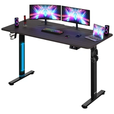 Image of CASARIA® Brown Wood Effect Motorised Sit Stand Desk Height Adjustable 73 118cm 140x60cm Deskop LCD Display Standing Home Office Workstation Gaming Computer Table Headset Drink Holder