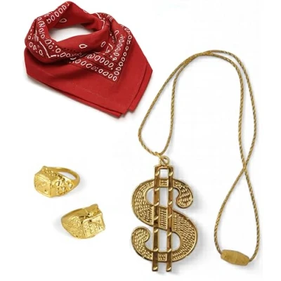 Image of Mega_Jumble® Hip Hop 90s Street Rapper Men&#039;s 3 Piece Set Gold Dollar Necklace, Red Paisley Bandana &amp; 2 Rings Chunky Sovereign Fancy Dress Pimp Mr T Ring Up