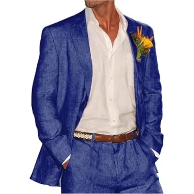 Image of Men&#039;s Notch Lapel Royal Blue Linen Business 2 Piece Suit Wedding Groomsmen Tuxedos 40/34