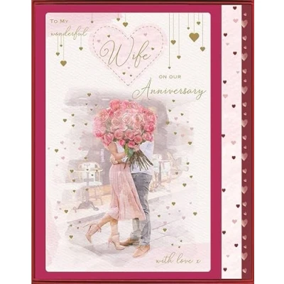 Image of ICG Wonderful Wife Large Luxury Boxed Anniversary Card Couple Embracing with Rose Bouquet Foil and Embellished Finish
