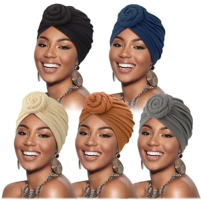 Image of DRESHOW 5 Pack Women Turban African Knot Headwrap Beanie Pre Tied Bonnet Chemo Cap Hair Loss Hat