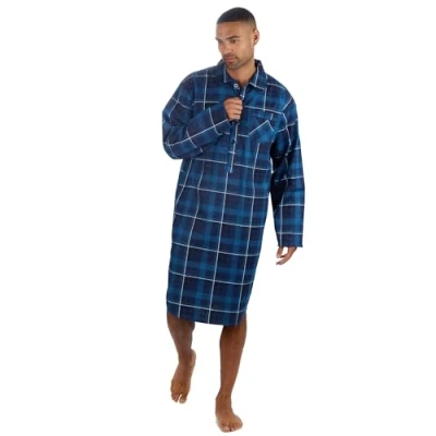 Image of INSIGNIA Mens Nightshirt Gown 100% Brushed Cotton Winter Warm (Blue Check, M)