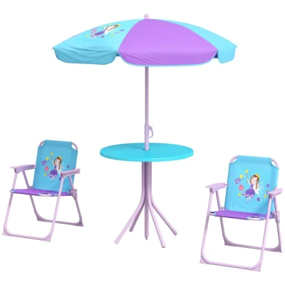 Image of Outsunny Kids Bistro Set Children Table and Chair Garden Furniture Fairy Themed 4 Pieces w/Adjustable Parasol, Foldable Chairs for 2 5 Years Blue