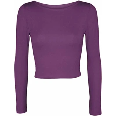 Image of Womens Crop Long Sleeve T Shirt Ladies Short Plain Round Neck Top Fitness Workout Running Shirts Cropped Tops (Purple UK 12 14)
