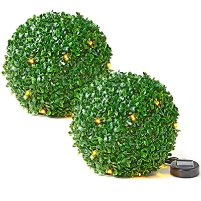 Image of Taylor &amp; Brown 28cm Solar Powered 20 LED Rose Artificial Topiary Ball Hanging Ornament Boxwood Garden Ultra Bright Light Decorative Two Functions (2 Pack, Green)