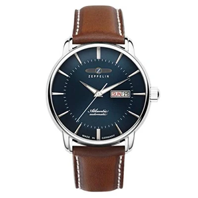 Image of Zeppelin Men&#039;s Watch with Leather Strap Atlantic Series Automatic Weekday Date 8466, Blue grey / brown, Classic, elegant