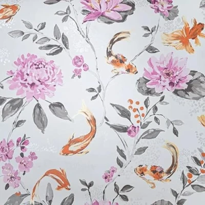 Image of SOPHIE LAURENCE Koi Carp Fish White Pink Floral Wallpaper Non Woven Vinyl, 1mm Thick, 0.53m x Sample, Washable &amp; Strippable, Metallic Effect, Paste The Wall, Modern Design for Any Room