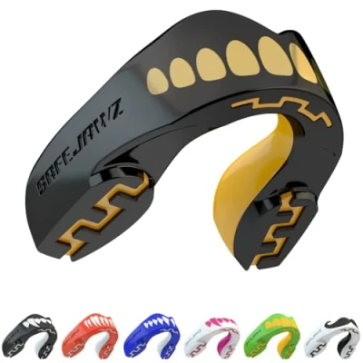 Image of SafeJawz Sports Mouthguard Dual Layer Premium Protection Adult and Junior Gum Shield with Case for Boxing, MMA, Rugby, Martial Arts, Judo All Contact (Adult 12+ Years, Goldie)