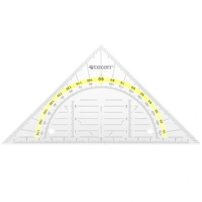 Image of Westcott 14 cm set square, Staple able, Transparent plastic square with yellow scale, Technical scale &amp; protractor for school, university or office, E 10139 00
