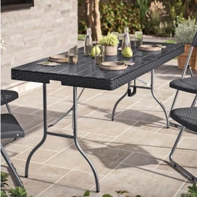 Image of URBN Garden 5ft Black Rattan Design Folding Table Outdoor Portable Carry Handle Patio