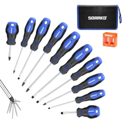 Image of SORAKO 11PCS Screwdriver Set, with 2 in 1 Magnetizer, High Density Nylon Store Bag, Magnetic Tip, Professional Non Slip Handle, 5 Phillips Screwdrivers, Slotted