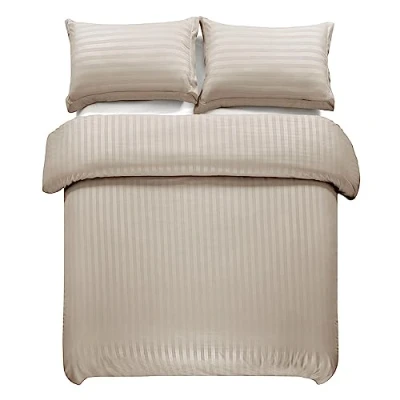 Image of Hafaa Duvet Cover Sets Soft Satin Stripes Microfiber Covers with Pillow Case Bedding Set Quilt Breathable &amp; Anti Wrinkle (Beige, Double)