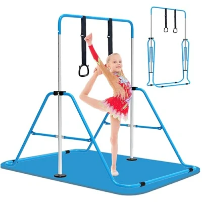 Image of EVERYMILE Gymnastics Bars with Mat, Adjustable Height Folding Horizontal Bar Gymnastic Rings, Junior Training Kip Equipment for Home
