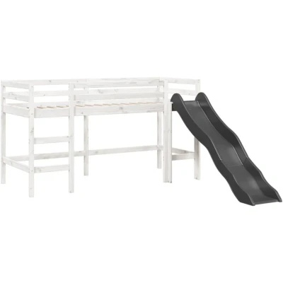 Image of vidaXL Kids&#039; Loft Bed Solid Pine Wood White 90x200 cm Safety Guardrails on All Sides Ladder &amp; Slide Space for Storage/Play Mid Sleeper