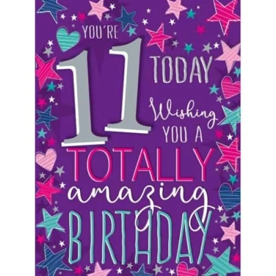 Image of Noel Tatt Girls 11th Birthday Card Age 11 Stripey Hearts and Stars Eco Friendly Recyclable Made in England