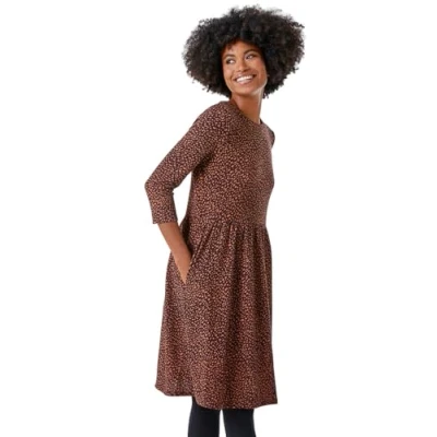 Image of Roman Originals Shift Dress with Pockets for Women UK Ladies Summer Autumn Winter Smart Casual Work Short 3/4 Sleeve Tunic Knee Length Pleated Gathered Waist Tea Loose Bronze Size 20