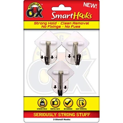 Image of Rapide Products Strong As an Ox Smart Hooks Self Adhesive Kitchen Utensil Pack of 3,Multi Colour,HE333P