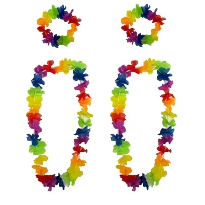 Image of Quickdraw 4 Piece Hawaiian Flower Fancy Dress Set Adults Lei Hula Party Accessories Floral Necklace &amp; Garland Headband (1 Pack (4 Pieces))