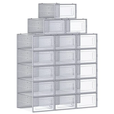 Image of SONGMICS Shoe Boxes, Pack of 18 Stackable Storage Organisers, Foldable and Versatile for Sneakers, Fit up to UK Size 11, Transparent Grey LSP006G18