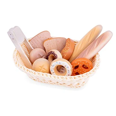 Image of New Classic Toys 10605 Wooden Pretend Play Kids Bread Basket Set Cooking Simulation Educational Perception Toy for Preschool Age Toddlers Boys Girls, Multi Color