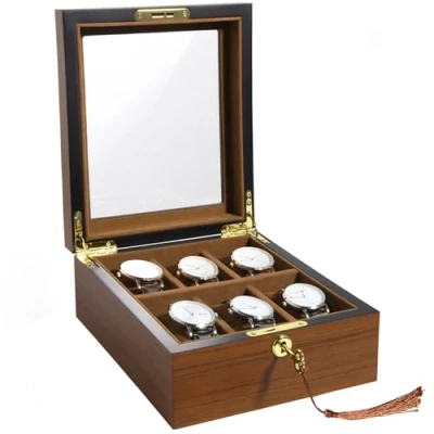 Image of Uten Watch Box with 6 Slots, Case Organizer Golden Lock and Key, Wooden Display Storage Removable Cushions, Velvet Lining, Metal Clasp, Gift for Men &amp; Women