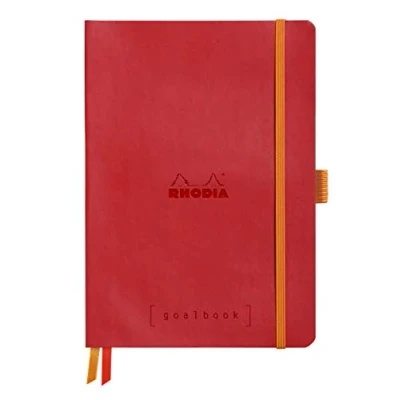 Image of RHODIA 117582C Soft Notebook Bullet Journal Goalbook Poppy A5 Dotted Dot 240 pages Clairefontaine White Paper 90g 2 Ribbons, Elastic Closure Faux Leather Cover