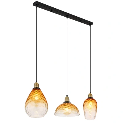 Image of Salvy Bar Pendant Ceiling Light Matt Black Amber Glass Shade 3x E27