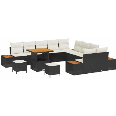 Image of vidaXL 13 Piece Garden Sofa Set with Cushions Black Poly Rattan Acacia