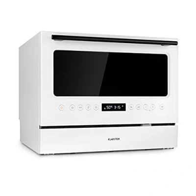 Image of Klarstein Azuria Table Dishwasher Freestanding, EEC, F, 6 Place Settings, Water Consumption: 6.5 Litres, Wash Programmes, Self Cleaning, 49 dB, Design Door with Black Glass Front, White