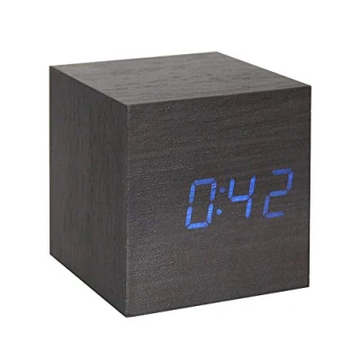 Image of Lancoon Wooden Alarm Clock Mini Cube LED Digital with Time/Date/Temperature Display, 3 Levels Brightness and Voice Control Great for Home Office Travel AC10Black_Blue