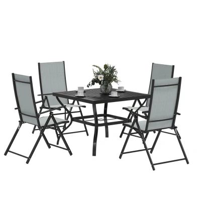 Image of Outsunny 5 Pieces Garden Dining Set, 4 Seater Furniture Set with Parasol Hole, Outdoor High Back Folding Chairs and Square Metal Top Table for Patio, Grey