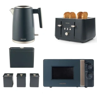 Image of Salter COMBO 8851A Marino 6 Piece Breakfast &amp; Cooking Countertop Set 1.7L Fast Boil Kettle, 4 Slice Toaster, 20L Manual Microwave, Carbon Steel Bread Bin 3 Storage Canisters For Tea/Coffee/Sugar