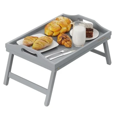 Image of Mantraraj Bamboo Bed Tray Table with Foldable Legs And Handles Breakfast for Sofa, Bed, Eating, Platters, Working, Serving, Drawing, Laptop Stand, Wooden Snack Used As Lap (Grey)