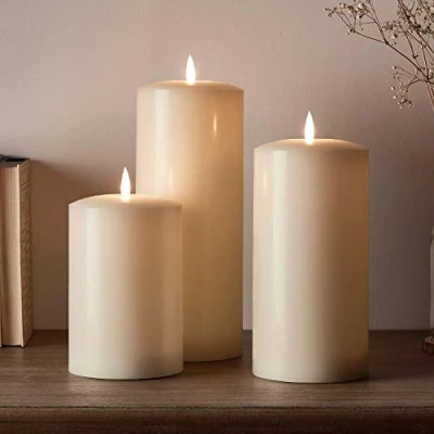 Image of Lights4fun Set of 3 TruGlow® Battery LED Flameless Large Chapel Pillar Candles with Timer Real Ivory Wax
