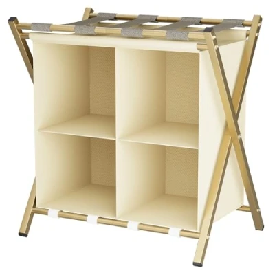 Image of Huhote Luggage Rack with Storage, Metal Folding Suitcase Stand Portable Racks for Bedroom, 2 Tier Travel Chest Storage Home 1 x Golden