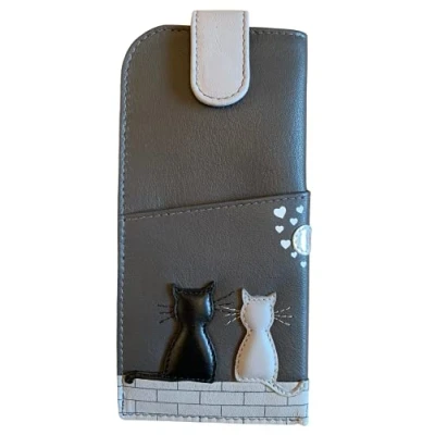 Image of Midnight Black &amp; Grey Cat Glasses case by Mala leather soft wide tab top ladies (Grey)