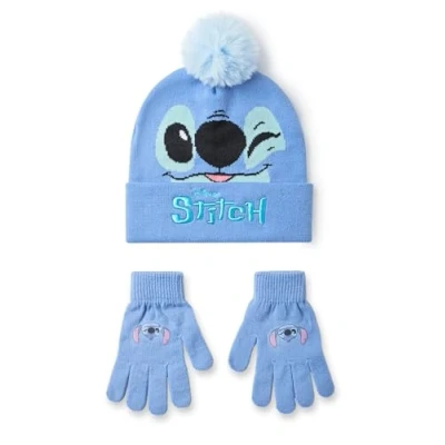 Image of Disney Lilo &amp; Stitch Girls Beanie Hat Gloves Set Blue Knitted Winter with Character Face Kids One Size Pom Heat Transfer Print Classic Movie Merchandise Gift