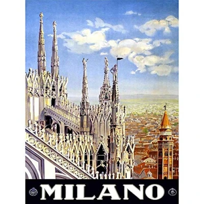 Image of Wee Blue Coo Travel Duomo Cathedral Milan Italy Vintage Art Print Poster Wall Decor 12X16 Inch