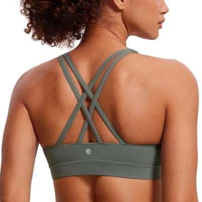 Image of CRZ Yoga Women&#039;s Strappy Back Wirefree Padded Workout Sports Bra Grey Sage XS