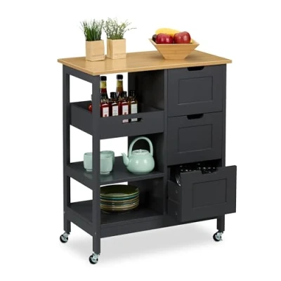 Image of Relaxdays Kitchen Island Cart, with Countertop, 3 Drawers, Shelves, 85 x 68.5 38.5 cm, Rolling Trolley, Grey/Natural, Fibreboard, Wood