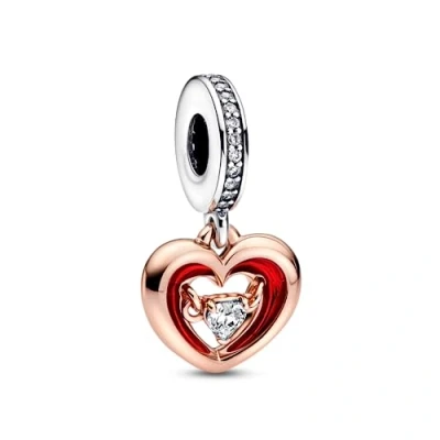 Image of Pandora Moments Open heart sterling silver and 14k rose gold plated dangle with clear cubic zirconia red enamel