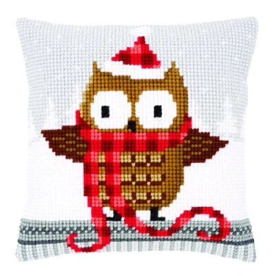 Image of Vervaco Cross Stitch Cushion OWL in Santa HAT, Cotton, Multi Colour, One