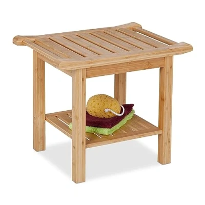 Image of Relaxdays Bamboo Bathroom Bench, Extra Shelf &amp; Handles, Versatile, HxWxD: 45 x 55 40.5 cm, Seat for 1 Person, Natural