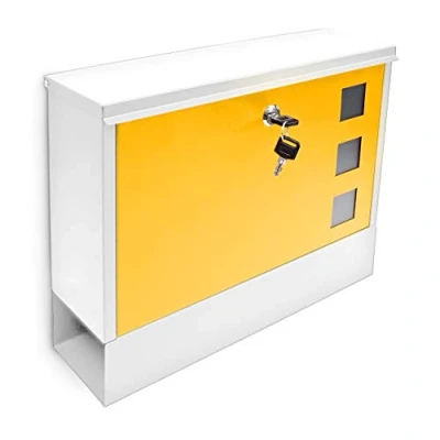 Image of Relaxdays Modern Two Coloured Mailbox Letterbox Lockable with Keys and Newspaper Slot, White Yellow
