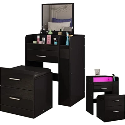 Image of Chebinsiti Dressing Table with LED Lights Black Vanity Makeup Storage Cushioned Stool and Flip Up Mirror Desk 4 Drawers for Bedroom Living Room Dresser Furniture