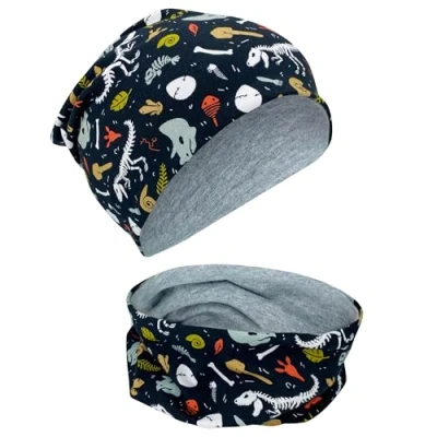 Image of HECKBO Children Boy Girl Beanie Hat &amp; Loop Scarf Set Dinosaur Dino Skeleton Reversible Spring Summer Fall 2 8 years 95% Cotton Soft Easy Care Stretch Material for cool Kids Boys Girls