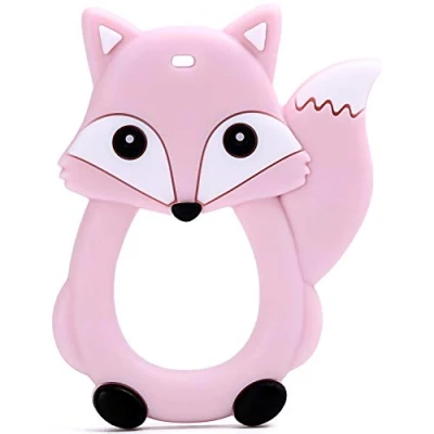 Image of PREMYO Teething Toy for Baby Teether Silicone Soothes Sore Gum Pain Easy to Grab BPA Free Fox Rose Pink
