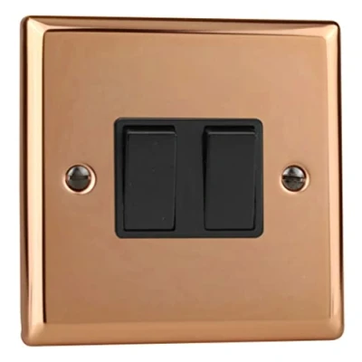 Image of Varilight 2 Gang (10A Intermediate Switch + 10A 1 or Way Rocker Switch) Polished Copper